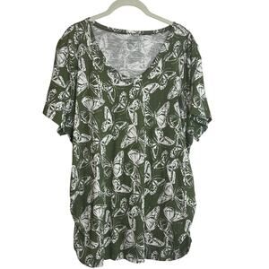 Lane Bryant Womens Top 14/16 Green White Butterfly Print Ruched Sides Cotton Tee
